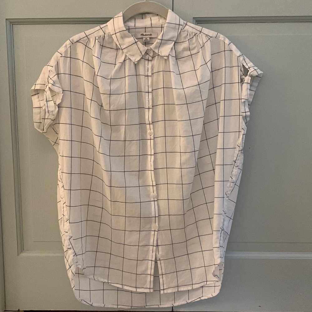 Madewell White Blouse With Blue Windowpane Check Pattern, XS